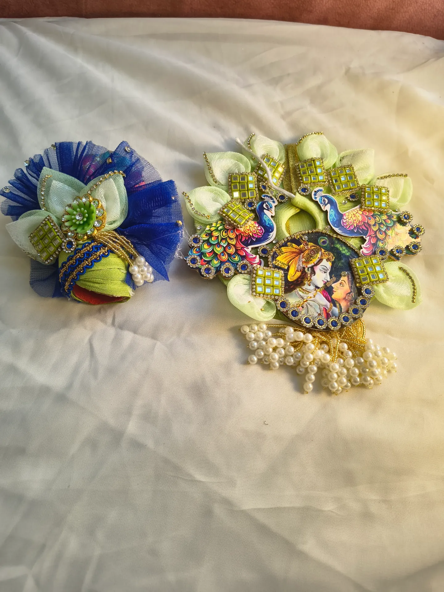 Green blue Radha Krishna poshak with pagdi (Size-0)